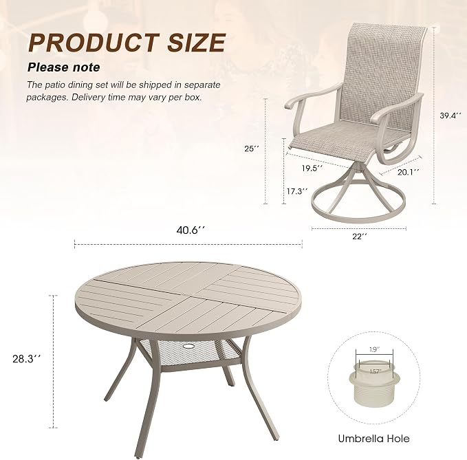 VICLLAX Patio 5 Pieces Outdoor Dining Set, 40.6" Round Metal Table with Umbrella Hole and Storage Shelf, 4 Swivel Textilene Chairs for Lawn, Garden, Porch, Sandshell