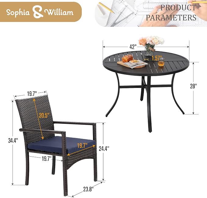 Sophia & William 5 Pieces Round Patio Dining Set, All Weather Patio Table and Chairs Set for 4, 42" Dia Round Outdoor Table with Umbrella Hole, 4 Rattan Chairs with Cushion