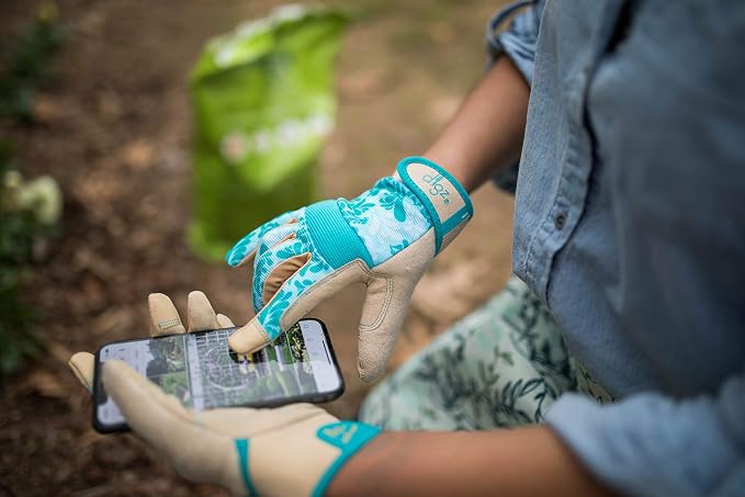 DIGZ 7606-23 High Performance Women's Gardening Gloves, Work Gloves with Touchscreen Compatible Fingertips, Blue Leaves Pattern, Medium