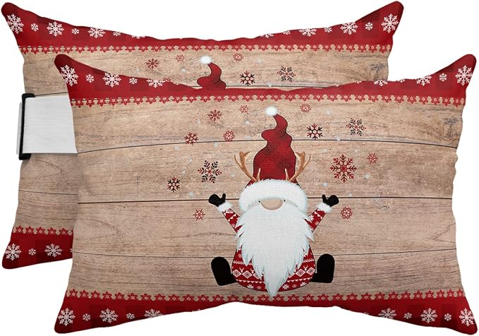 Outdoor Pillows Covers with Inserts Merry Christmas Gnome Xmas Elf on Rustic Wood Grain Waterproof Pillow with Adjustable Strap Throw Pillows for Patio Furniture Recliner Lounge Chair, 11" x 16", 2PCS