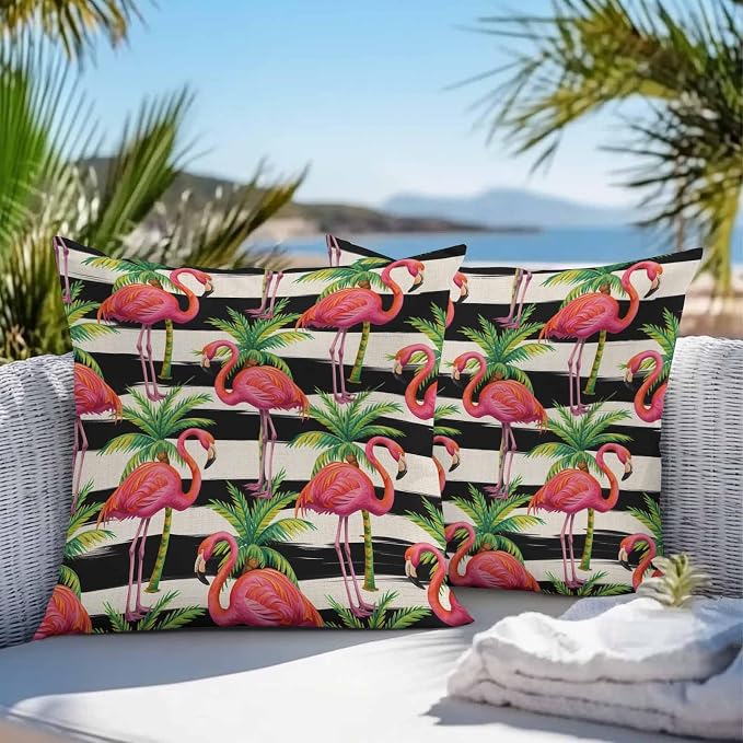 Vandarllin Outdoor Throw Pillows Covers 20x20 inch Set of 2 Waterproof Flamingo Decorative Zippered Cushion Covers for Patio Furniture, Tropical Palm Leaves Black Stripe Linen Lumbar Pillowcases