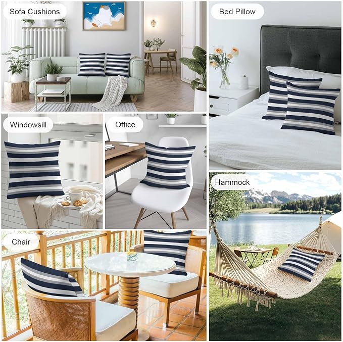 Navy Blue Grey Striped Outdoor Pillow Covers Waterproof, All Weather Cushion Case Set of 2, Farmhouse Stripes Minimalist Decorative Pillowcases for Sofa Couch Bed Decor Patio Furniture 16"x16"