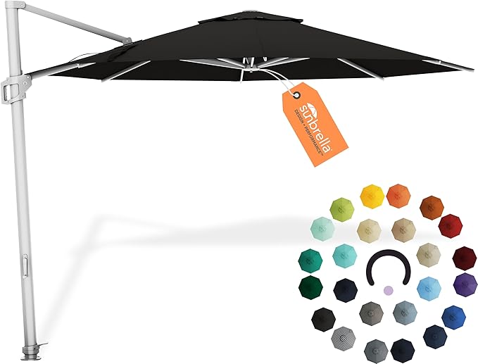 Midtown Umbrellas 10 Ft Outdoor Cantilever Patio Umbrella w/Sunbrella Black Frabric - Tilt 360° Rotate Offset Patio Umbrella, Deck Patio Umbrella, Backyard Umbrella & Garden Umbrella - Silver Frame