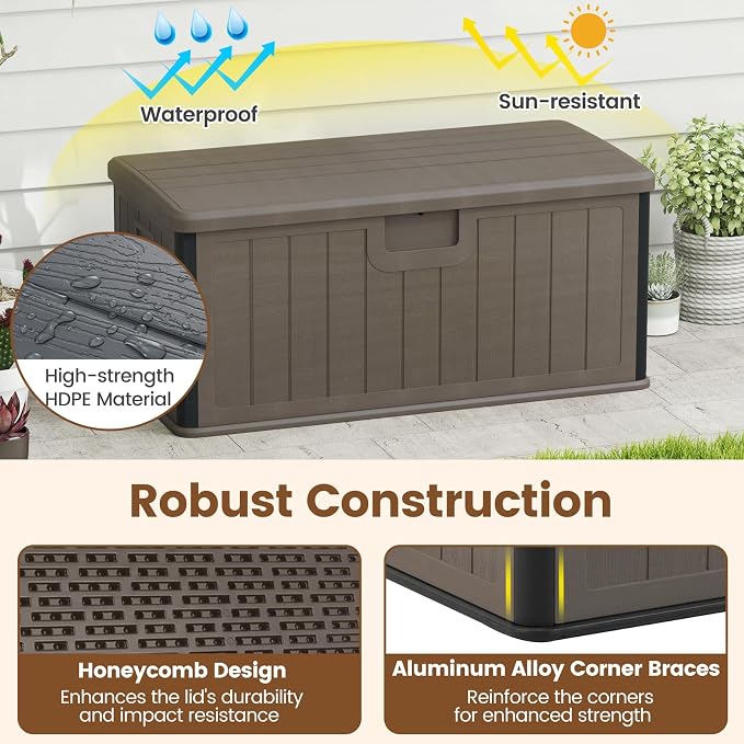 Giantex 100 Gallon Deck Box, Waterproof Resin Box with Lockable Lid, 440Lbs Outdoor HDPE Storage Container Bench for Patio Furniture Cushions, Pool Tools & Garden Accessories (Brown)