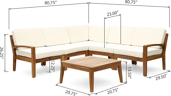 Christopher Knight Home Grena Outdoor Acacia Wood 5 Seater Sectional Conversation Set with Coffee Table, Teak and Beige