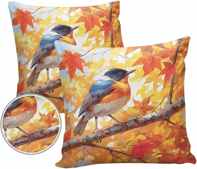 Outdoor Waterproof Throw Pillow Covers 24x24in, Autumn Maple Leaves Cushions for Garden Patio Furniture Chairs Set of 2, Thanksgiving Cute Bird Home Decor Couch Sofa Polyester Pillow Cases