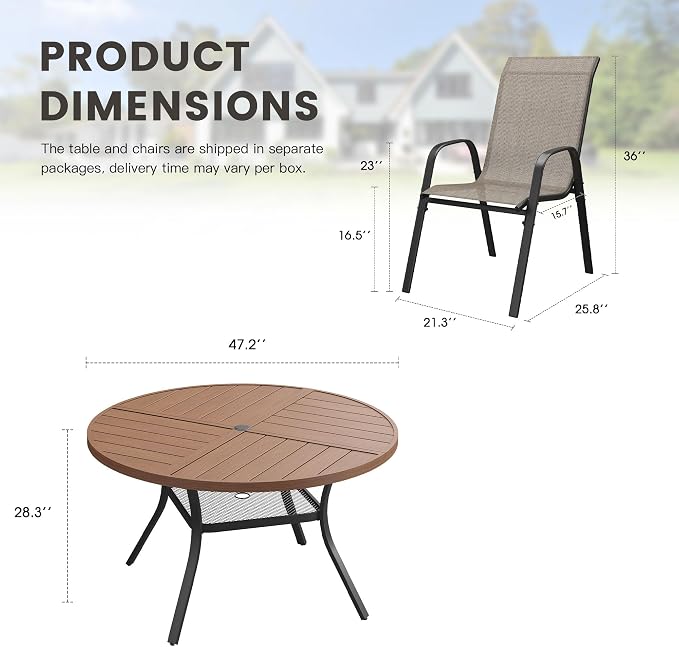 7 Pieces Outdoor Dining Set, 47.3" Spliced Patio Table with Umbrella Hole & Stackable Outdoor Dining Chairs, Patio Furniture Set for Deck Garden Porch, Brown Chairs & Walnut Table