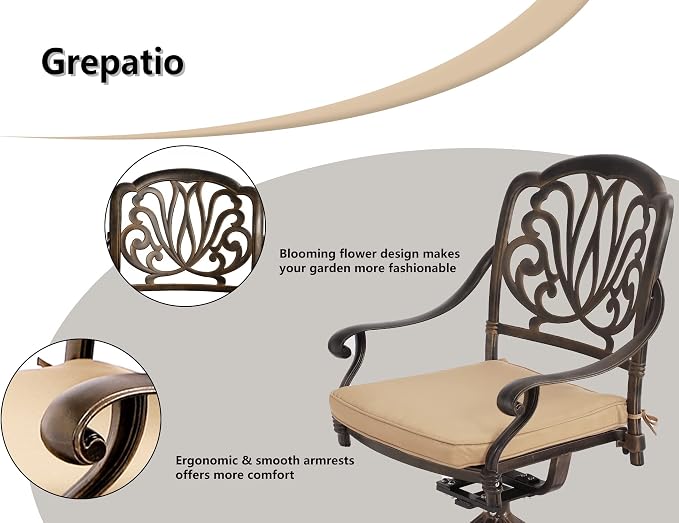 TITIMO 5-Piece Cast Aluminum Outdoor Patio Dining Set, 4 Pattern Chairs and Table, Cast Aluminum Conversation Set with 2.2” Umbrella Hole, 1 Round Table and 4 Swivel Chairs with Cushions (Khaki)