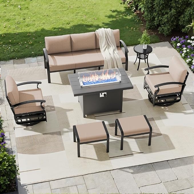 Aluminum Patio Furniture Set with Fire Pit Table, 7 Seats Outdoor Patio Conversation Sets with Swivel Chair Modern Metal Sectional Sofa with Upgrade Cushions for Patio, Backyard - Sand