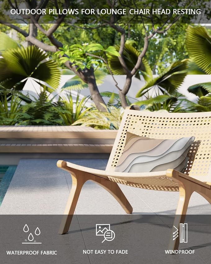 Geometric Ombre Lounge Pillows Outdoor, Aesthetic Beige Brown White Gradient Abstract Head Pillows, Modern Waterproof Patio Furniture Lumbar Pillows with Adjustable Elastic Strap for Recliner Beach