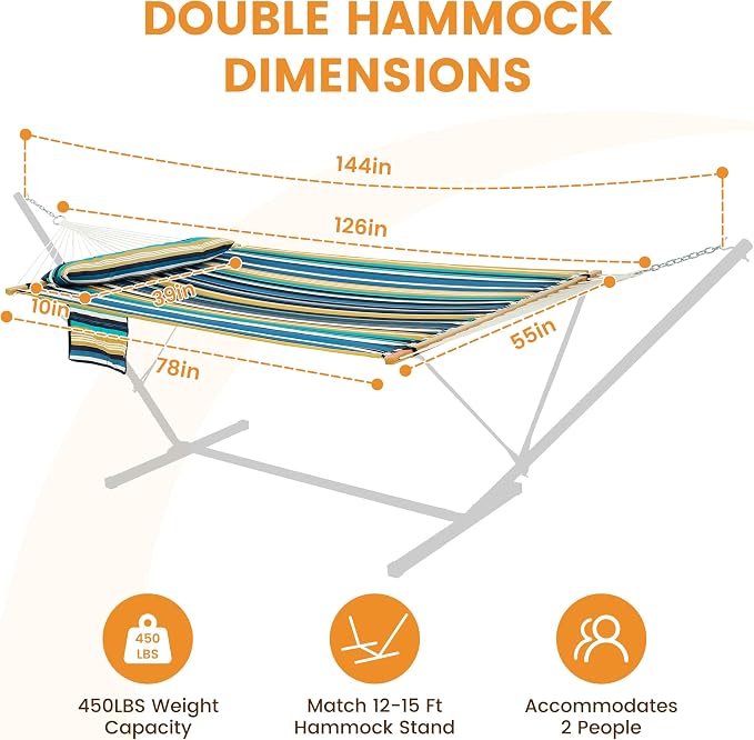 Lazy Daze Hammocks 10.5FT 2 Person Double Quilted Fabric Hammock with Spreader Bar, Detachable Pillow, Side Pocket, Carabiners, Chains, Straps for Outdoor, 450lbs Capacity, Beach Stripes