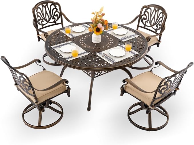5-Pcs Cast Aluminum Patio Dining Set with 4 Swivel Chairs,Bronze | Outdoor Furniture Set Include 54" Round Dining Table and 4 Swivel Chairs with Cushions & Umbrella Hole
