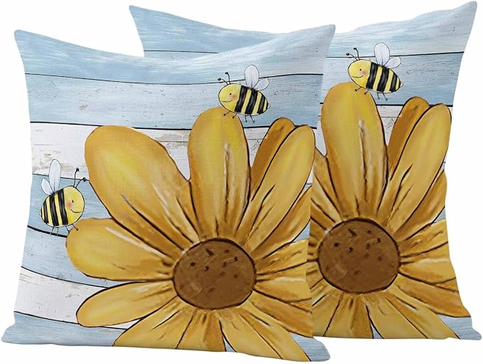 Daisy Flower Honeybees Outdoor Pillow Covers Set of 2 Yellow Farmhouse Floral Blue Wood Grain Waterproof Throw Pillow Cover Decorative Cushion Cases for Patio Porch Garden 24X24 Inch