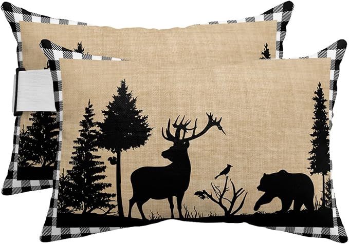 Outdoor Pillows Covers with Inserts Christmas Animal Moose Elk Xmas Tree Waterproof Recliner Pillow with Adjustable Strap Throw Pillows for Patio Furniture Pool Lounge Chair, 12x20 inch, 2PCS