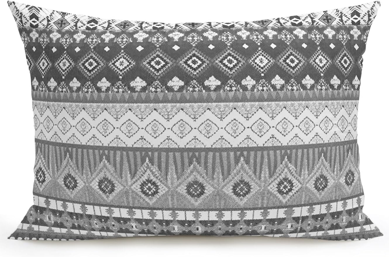 Waterproof Outdoor Pillow 1 Pack Black Bohemian Decorative Throw Pillows Cover & Insert 20x12 Inch Lumbar Pillowcase Boho Style Floral Leaves Geometric Pillows for Couch Sofa Bed Patio Furniture