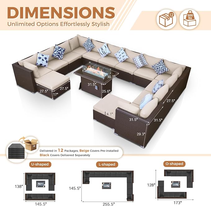 BULEXYARD 15 Piece Highback Wicker Patio Furniture Sets with Firepit, All-Weather Heavy Duty Outdoor Conversation Set Modular, Extra Deep Wide 14-Seats Sectional Couch Sofa for Backyard, Brown & Black