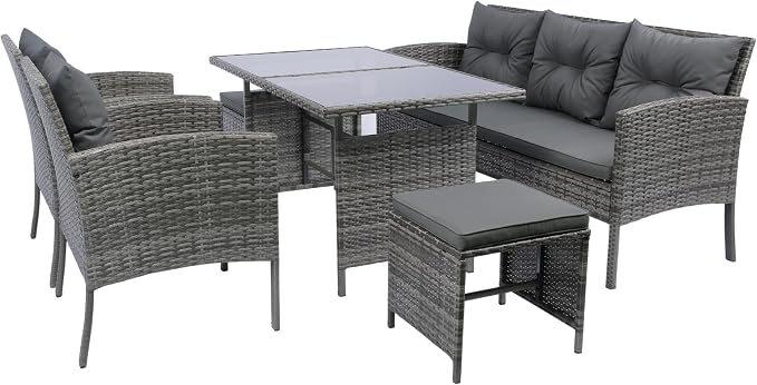 LUMISOL 6 Piece Outdoor Patio Dining Set with Cushion,Patio Furniture Sets,All Weather Sectional Conversation Set,Space Saving Patio Set for Backyard,Beach,Garden