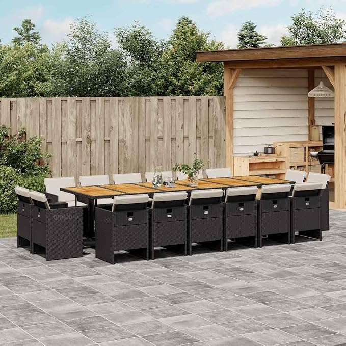 17 Piece Garden Dining Set with Cushions, Rectangular PE Rattan Table and 16 Foldable Chairs, Black and Brown Acacia Wood Outdoor Dining Set for Patio