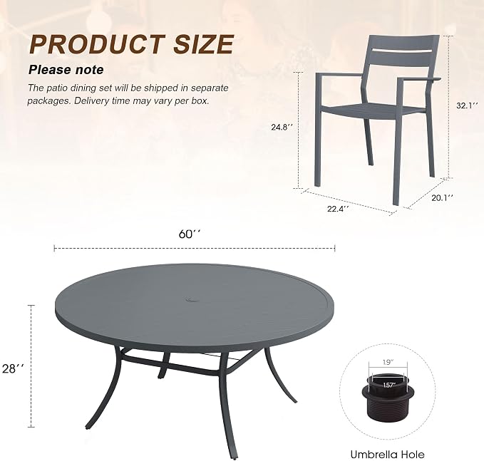 VICLLAX Patio 11 Pieces Outdoor Dining Set, Wrought Iron Metal Outdoor Table and Chairs Set, 60" Round Table with Umbrella Hole and 8 Stackable Chairs for Lawn, Garden, Porch, Dark Grey/Grey