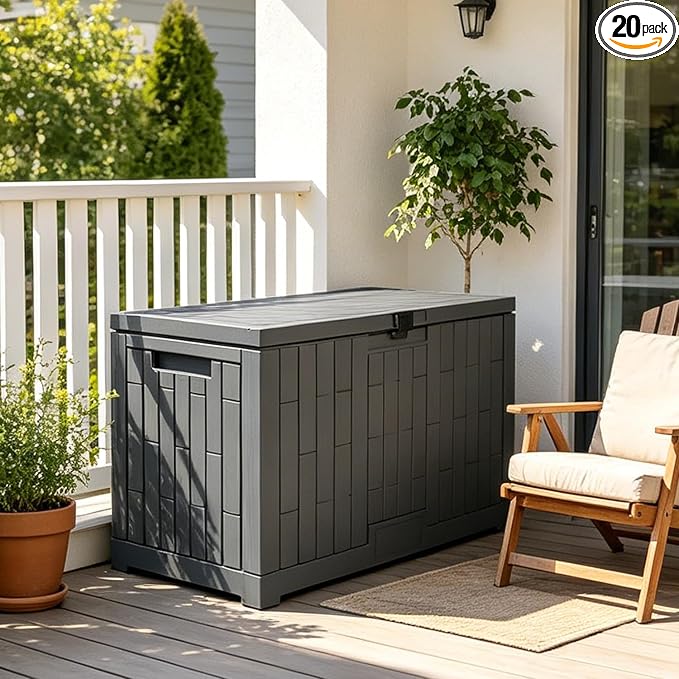 Outdoor Storage Box, Weatherproof Resin Deck Bin with Heavy-Duty Lid, High Load Capacity, Perfect for Patio Furniture, Garden Equipment, and Pool Accessories 804E