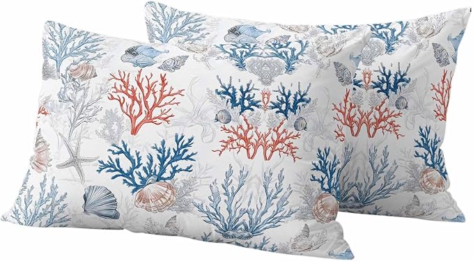Summer Nautical Outdoor Waterproof Throw Pillow Covers Set of 2, 20"x12", Red Blue Coral Seashell Coastal Vintage Decorative Pillow Covers Outside Cushion Case for Patio Porch Garden