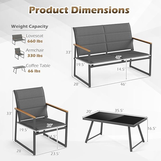 Tangkula 8 Piece Patio Furniture Set, Outdoor Metal Conversation Set with Padded Fabric Seat & Wood-Plastic Armrests, Sectional Sofa Set with Tempered Glass Coffee Table for Backyard, Porch (Gray)