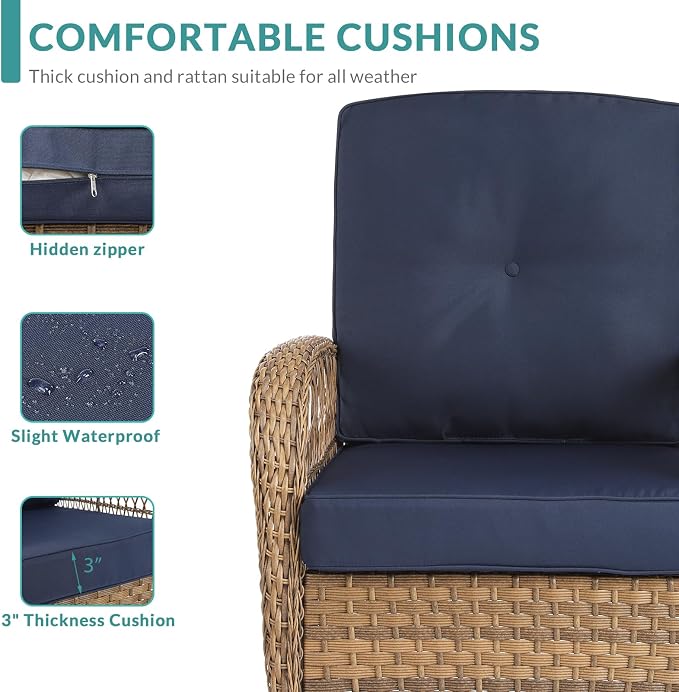 MEETWARM 5 Pieces Outdoor Wicker Patio Conversation Sets with Glider Loveseat, 2 Chairs with 2 Glass-Top Coffee Table Wicker Rocking Glider Set, Wicker Conversation Set w/Thickened Cushions, Navy Blue