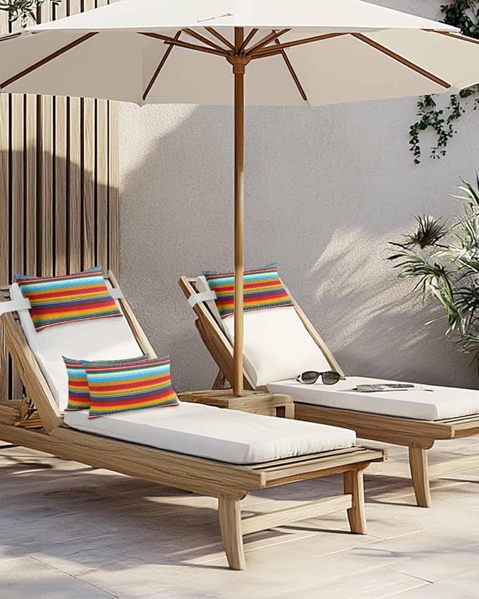Outdoor Pillows Covers with Inserts Colorful Mexican Stripes Red Waterproof Recliner Pillow with Adjustable Strap Throw Pillows for Patio Furniture Pool Lounge Chair, 11x16 inch, 1PCS
