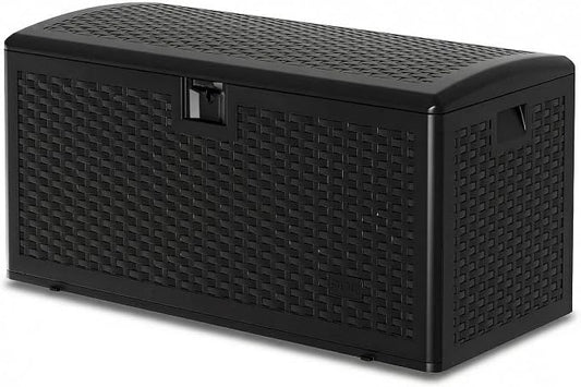 Jojoka Lockable & Weatherproof 99 Gallon Black Resin Deck Storage Box, Extra Large Outdoor Storage Organizer for Garden Tools, Pool Toys, Patio Furniture Cushions, Woven Strap Design