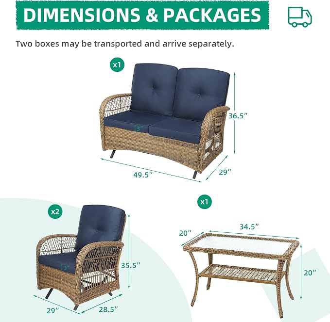 VIVIJASON 4-Piece Outdoor Patio Wicker Conversation Sets, All Weather Outdoor Rattan Furniture Set Includes Glider Loveseat, Coffee Table, 2 Glider Rocker Chairs w/Cushion for Lawn Balcony, Navy Blue