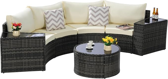 Eafurn 7 Pieces Outdoor Patio Conversation Furniture Sets All Weather Wicker PE Rattan Half-Moon Curved Sectional Sofa with Round Coffee Table, 4 Pillows & Waterproof Cover for Backyard