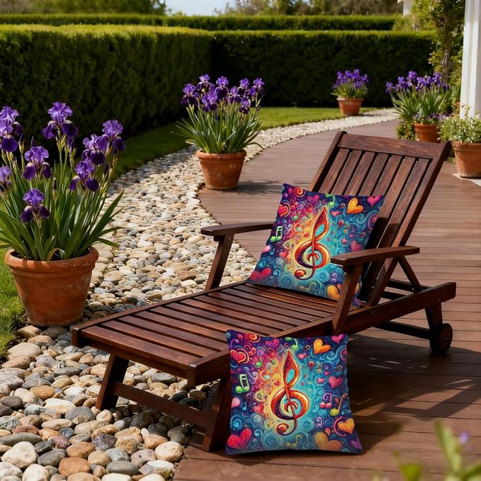 16x16 Inch Outdoor Pillow Covers Set of 2 Waterproof Throw Pillow Covers Decorative Couch Cushion Covers Music Note Hearts Neon Square Pillowcases Protectors for Patio Garden Sofa