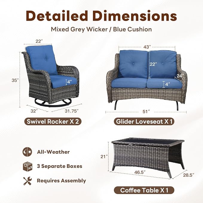 Belord 4 Piece Patio Wicker Furniture Set, Outdoor Swivel Rocker Chairs, All Weather Outdoor Patio Loveseat with Cushion and Coffee Table for Deck Porch, Gray Wicker/Blue