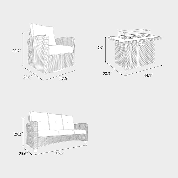 4 Pieces Patio Furniture Swivel Chairs Set with Fire Pit Table, Outdoor Wicker Glider Rocking Chairs with Sofa Set