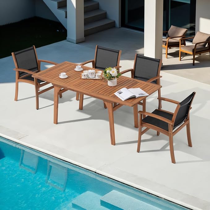 OC Orange-Casual Patio Furniture Set, Acacia Wood Patio Dining Set for 6-8, Outdoor Expandable Table and Chairs Set with Umbrella Hole and Breathable Textilene Fabric for Garden (Black, 5 Pieces)