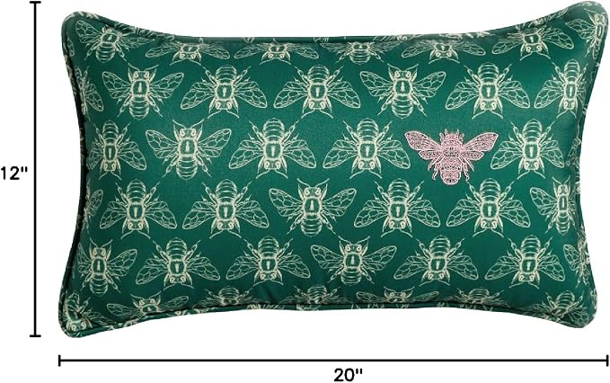 Honeycomb Indoor/Outdoor Lumbar Pillow for Patio Furniture, 20 x 12 | Royalty Green Embroidered Bumble Bee Throw Pillow, Water & Fade Resistant for Patio Furniture Set