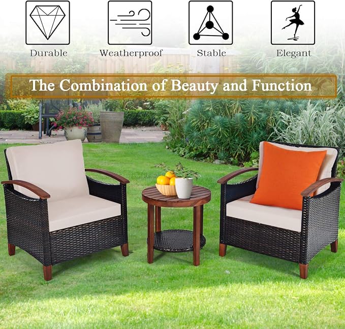 COSTWAY 3PCS Patio Rattan Furniture Set, Outdoor Solid Wood Frame Cushion Sofa with Round Table for Garden Porch Backyard Poolside (Beige)
