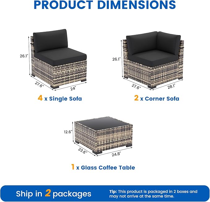 Patio Furniture Sets, 7-Piece Outdoor Patio Furniture with Thick Cushions,Coffee Table Outdoor All-Weather Conversation Set Sectional Sofa for Backyard, Poolside, Garden(Black)