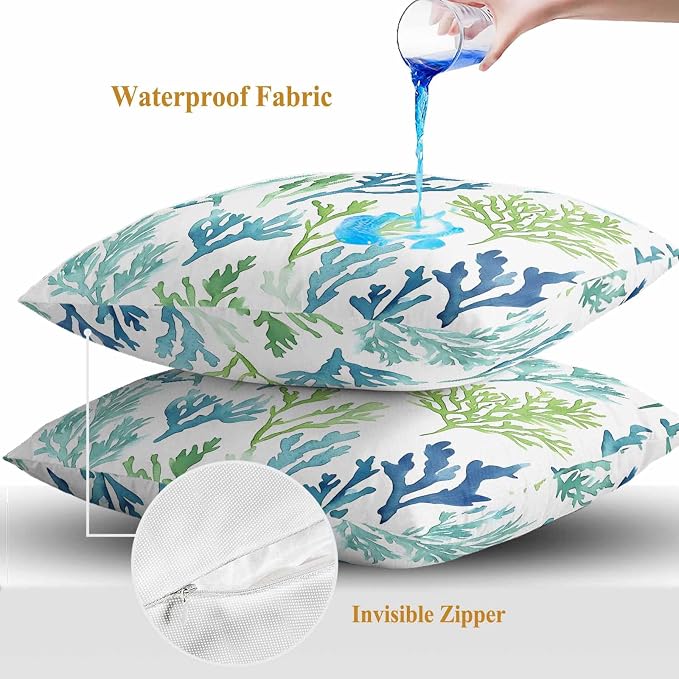 Ocean Teal Outdoor Waterproof Throw Pillow Covers Set of 2, 26"x26", Blue Green Coral Underwater Garden Coastal Decorative Pillow Covers Outside Cushion Case for Patio Porch Garden