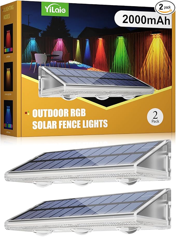 YiLaie Solar Fence Lights Outdoor - Warm White & RGB 6 Color, Solar Lights Outdoor IP67 Waterproof, Garden Lights for Outside/Backyard/Railing/Step/Patio/Wall (2 Pack)