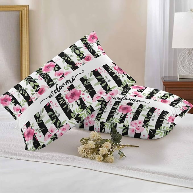 Lumbar Pillow Covers 20x12 Inch Set of 2, Pink Red Flower Waterproof Outdoor Cushion Covers, Watercolor Floral Leaf Black White Stripe Decorative Pillowcases for Couch, Sofa, Bed, Garden, Patio