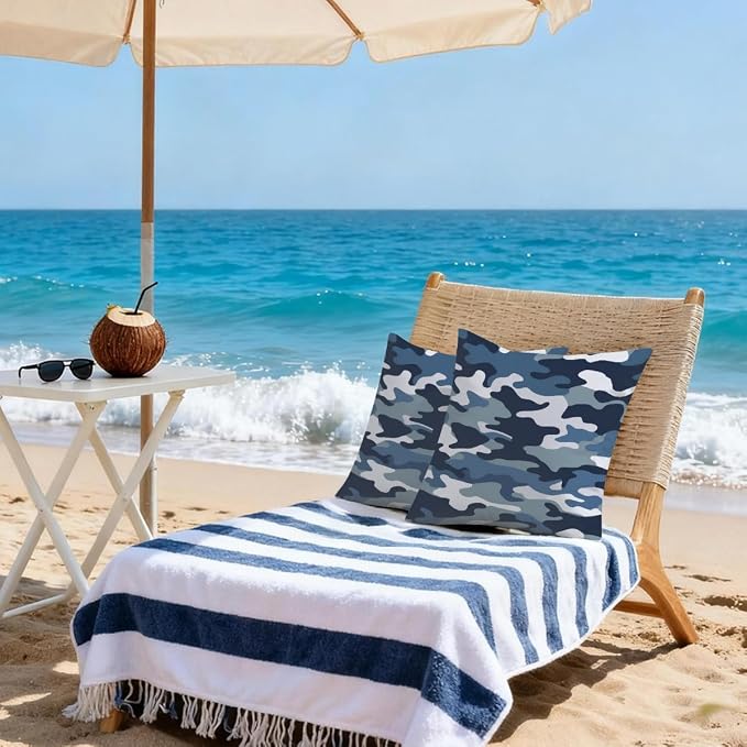 22x22 Inch Outdoor Pillow Covers Set of 2 Waterproof Throw Pillow Covers Decorative Couch Cushion Covers Navy Camouflage,Camo Theme Square Pillowcases Protectors for Patio Garden Sofa