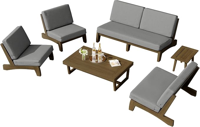 6 Piece Wood Outdoor Patio Frutnire Set, 7 Seater Patio Conversation Sets with Thick Cushions, Outdoor Sectional Furniture with Coffee Table - Gray