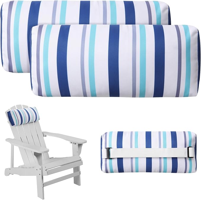 Headrest Pillow for Patio Chaise Lounge Chair, 2 Pcs Outdoor Chaise Pillows with Adjustable Elastic Stripe Head Resting Pillows for Recliner Office Chair, Blue White Stripe
