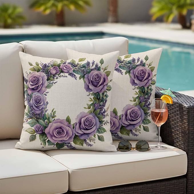 Spring Flower Outdoor Waterproof Throw Pillow Covers Set of 2, 16"x16", Purple Rose Wreath Blooming Floral Retro Decorative Pillow Covers Outside Cushion Case for Patio Porch Garden