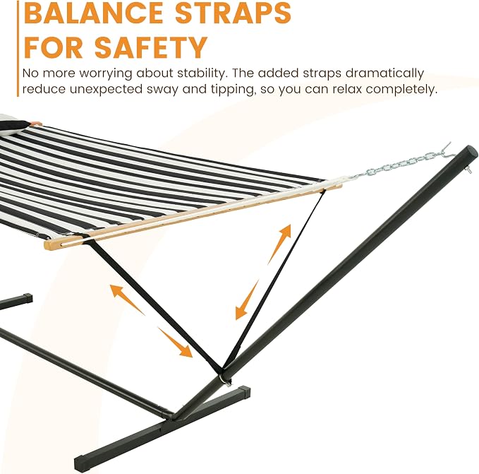 Lazy Daze Hammocks 2 Person Portable Hammock with 12FT Stand for Outside, 10.5FT Quilted Double Hammock with Spreader Bar and Detachable Pillow, 450lbs Capacity for Outdoor Patio, Black White Stripes