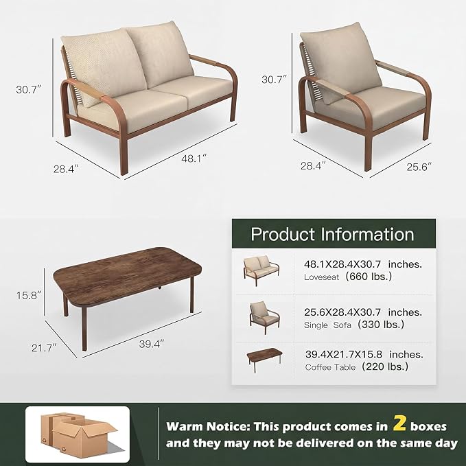 Aluminum Outdoor Patio Furniture Set,4-Piece Sectional Sofa with Coffee Table,Washable Thick Cushions,Modern Patio Conversation Set for Backyard,Garden,Porch,Balcony,Deck,Beige