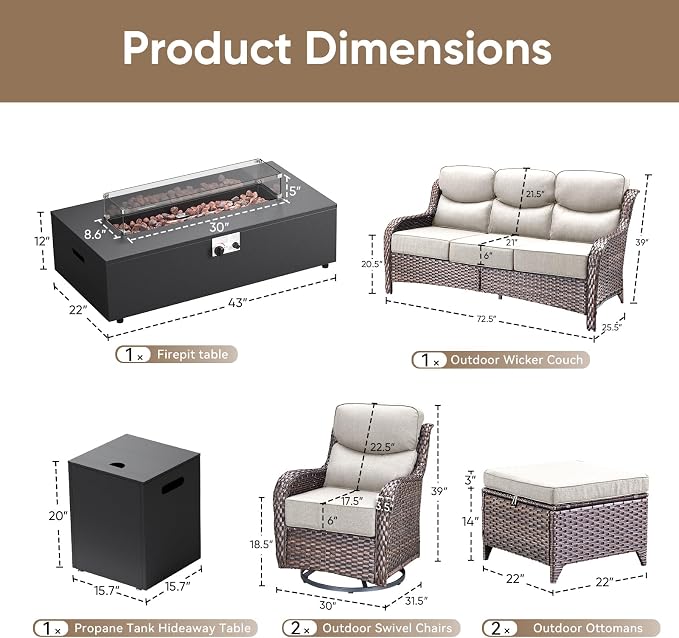 HUMMUH Luxury Patio Furniture Set 6-inch Thick Cushions High Back Swivel Rocker Chairs & 3 Seater-Couch & Steel Fire Pit Table 7 Pieces Outdoor Conversation Set for Porch,Deck,Backyard