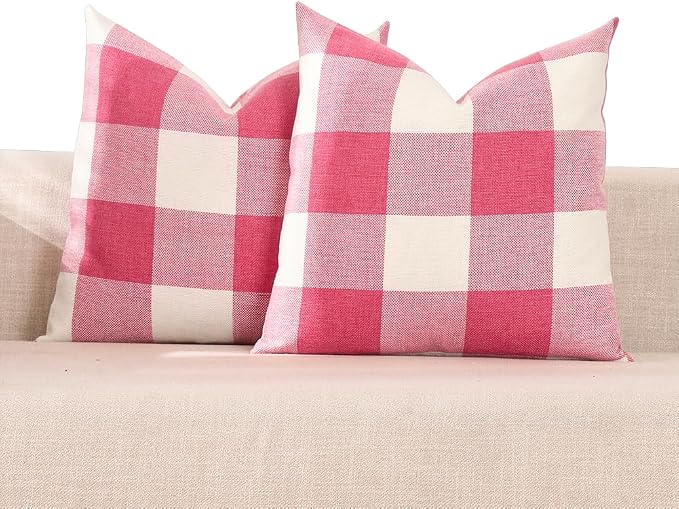 CARRIE HOME Pink Accent Pillows Decorative Throw Pillow Covers 20x20 Set of 2 Pink Gingham Farmhouse Pillow Covers 20 x 20, Boho Plaid Room Decor for Couch Porch Patio and Yard