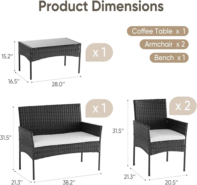 DUMOS 4 Piece Patio Furniture Set, All-Weather Outdoor Wicker Conversation Set with Removable Cushions & Tempered Glass Coffee Table, for Porch, Balcony, Lawn, Backyard Black